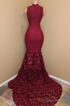2025 New Arrival Mermaid Burgundy High Neck Rose Ruffles Sleeveless Long African American Prom Dress