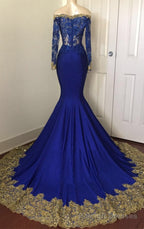 2026 Sexy Mermaid Royal Blue And Gold Appliques Long Sleeves V Neck Off Shoulder Prom Dress