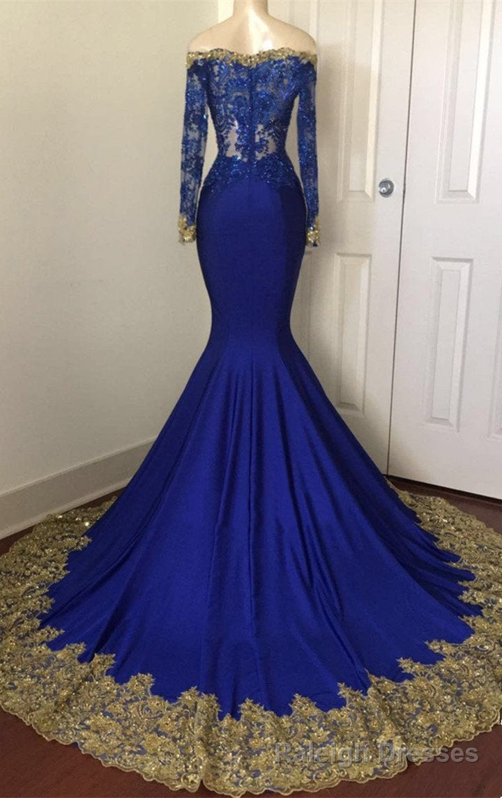 2026 Sexy Mermaid Royal Blue And Gold Appliques Long Sleeves V Neck Off Shoulder Prom Dress