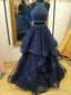 2026 Cheap A Line Ruffles Tulle Navy Blue High Neck Two Pieces Prom Dress