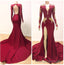 Sexy Sheath Burgundy And Gold Appliques Long Sleeves Side Slit V Neck Prom Dress 2025