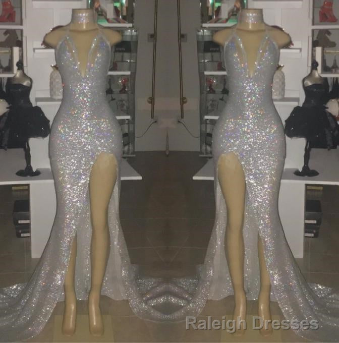 2025 Sexy Silver Halter V-neck Side Split Sequins Prom Dresses Main image