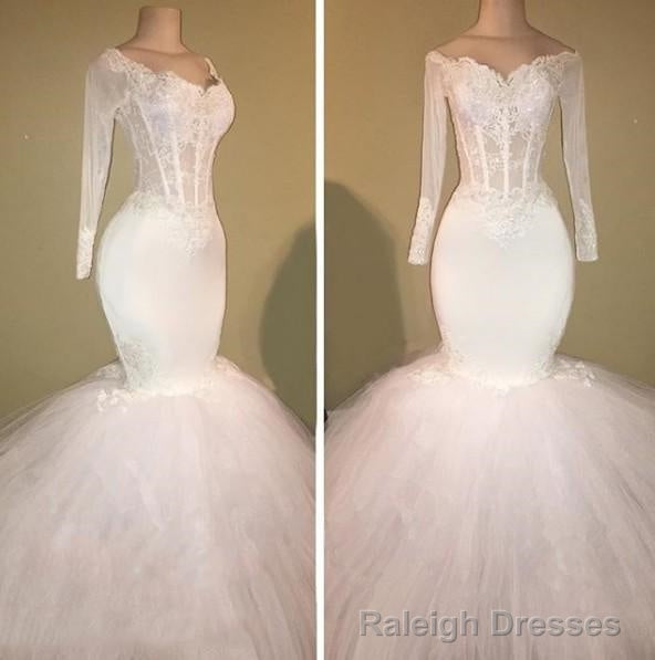 Long Sleeve White Off Shoulder Mermaid Droped Tulle Applique Wedding Dresses Main image