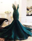 2025 Unique Dark-Green Sequins Beaded V Neck Sleeveless Tulle Mermaid/Trumpet Prom Dresses