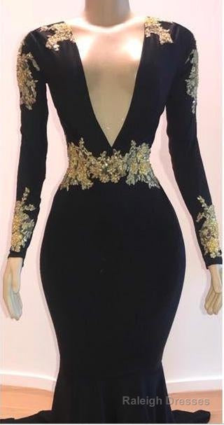 2025 Black Mermaid/Trumpet Long Sleeve V Neck Applique Elastic Satin Prom Dresses