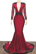2026 Elegant Mermaid/Trumpet V Neck Long Sleeve Applique Beaded Backless Satin Prom Dresses