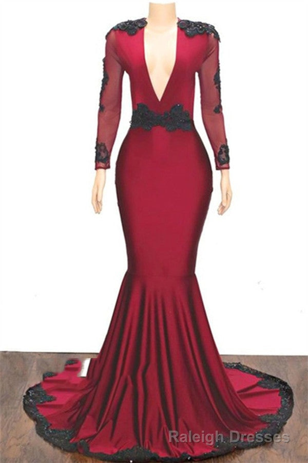 2026 Elegant Mermaid/Trumpet V Neck Long Sleeve Applique Beaded Backless Satin Prom Dresses