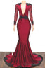 2026 Elegant Mermaid/Trumpet V Neck Long Sleeve Applique Beaded Backless Satin Prom Dresses