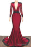 2025 Elegant Mermaid/Trumpet V Neck Long Sleeve Applique Beaded Backless Satin Prom Dresses