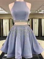 2026 A Line Jewel Neck Sleeveless Cut Out Back Beading Two Piece Cut Short Mini Homecoming Dresses