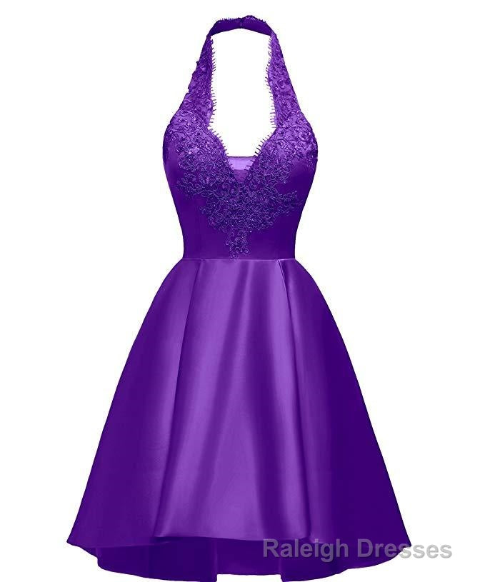 Halter Deep V Neck Satin Appliques Purple Backless Pleated A Line Homecoming Dresses Main image