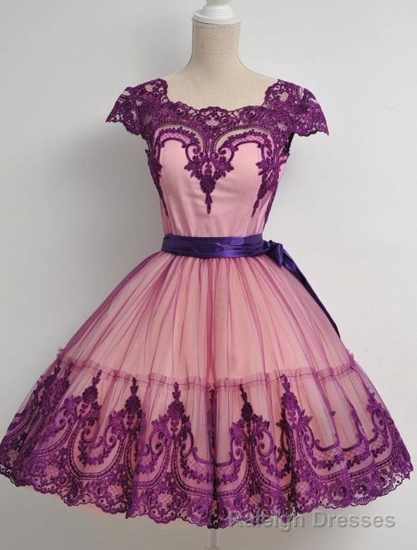 Square Neck Fuchsia Cap Sleeve A Line Appliques Lace Ribbon Trim Homecoming Dresses Secondary image