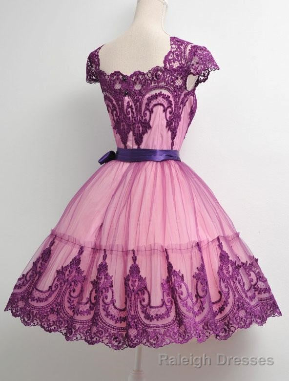 Square Neck Fuchsia Cap Sleeve A Line Appliques Lace Ribbon Trim Homecoming Dresses Main image