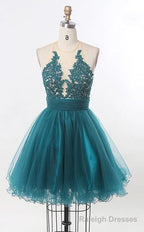 A Line Scoop Sleeveless Sheer Appliques Tulle Pleated Ruched Backless Homecoming Dresses