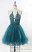 A Line Scoop Sleeveless Sheer Appliques Tulle Pleated Ruched Backless Homecoming Dresses