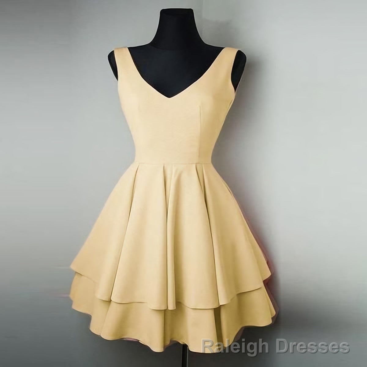 V Neck Sleeveless Simple A Line Tiered Pleated Satin Charming Homecoming Dresses Main image