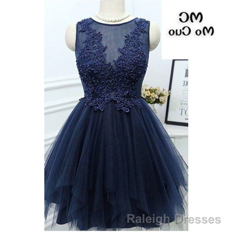 Jewel Sleeveless Appliques Beading A Line Tulle Sheer Pleated Dark Navy Homecoming Dresses Main image