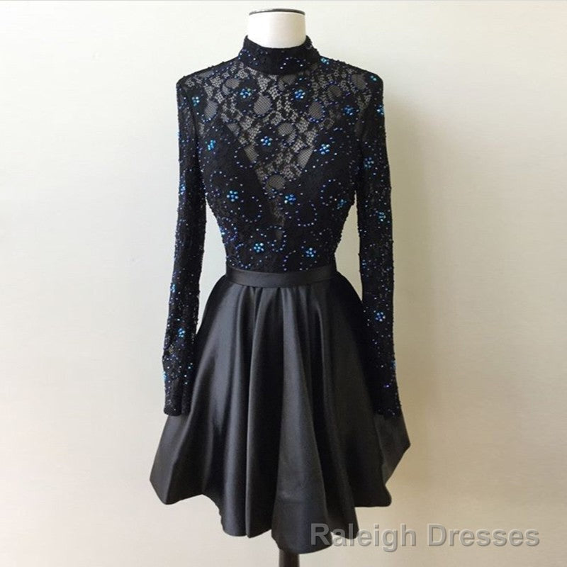 Lace A Line Beading Satin Pleated Black Long Sleeve High Neck Short Homecoming Dresses
