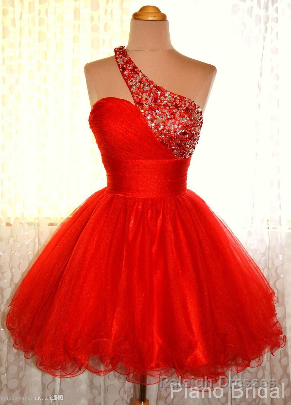 One Shoulder Red Sleeveless A Line Organza Pleated Rhinestone Homecoming Dresses Secondary image