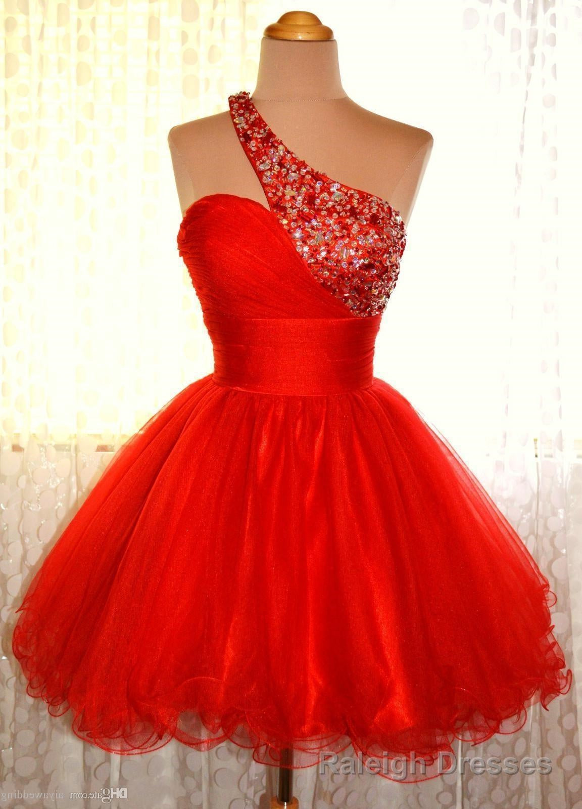One Shoulder Red Sleeveless A Line Organza Pleated Rhinestone Homecoming Dresses Main image