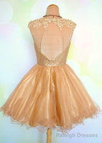 Cap Sleeve Jewel Appliques Sequins Sheer A Line Gold Organza Backless Homecoming Dresses