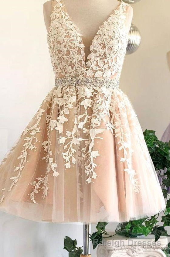 Deep V Neck Ivory Sleeveless A Line Tulle Lace Appliques Pleated Homecoming Dresses