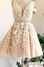 Deep V Neck Ivory Sleeveless A Line Tulle Lace Appliques Pleated Homecoming Dresses