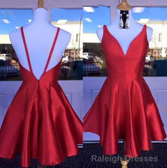 Deep V Neck Red Straps Backless Sleeveless A Line Satin Pleated Homecoming Dresses