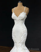 2026 Sexy Mermaid/Trumpet Spaghetti Straps Sweetheart Satin Applique Wedding Dresses