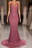 2026 Charming Mermaid Hot Pink Sequence With Feathers Halter Backless Prom Dress