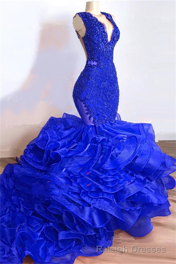 2026 Royal Blue Mermaid V Neck Organza Layered Lace Long Prom Dresses