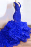 2026 Royal Blue Mermaid V Neck Organza Layered Lace Long Prom Dresses