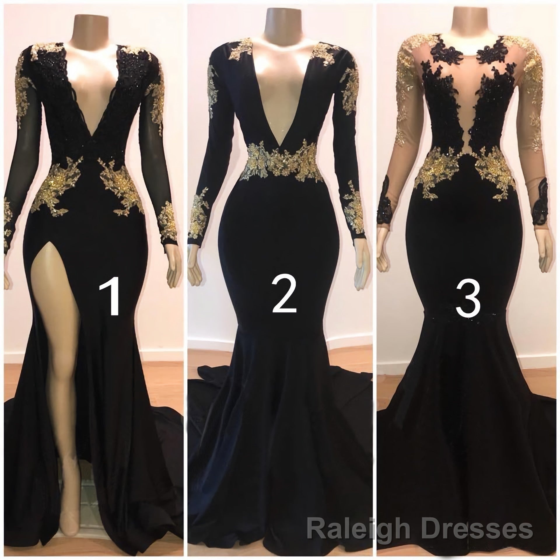 2025 Black Mermaid Long Sleeves V Neck Gold Appliques Prom Dresses Main image