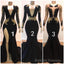 2025 Black Mermaid Long Sleeves V Neck Gold Appliques Prom Dresses