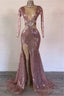 2026 Sheath Pink Hollow Out Sequence V Neck Long Sleeves Beaded Prom Dresses
