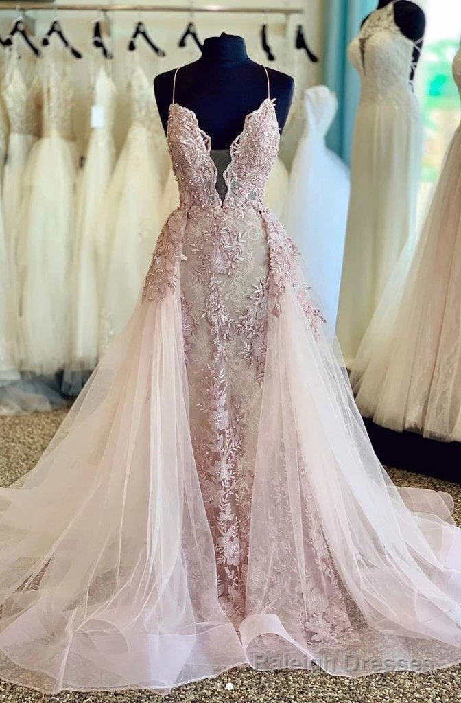 Cheap 2026 Pearl Pink Tulle Halter V Neck Lace Detachable Train Prom Dresses