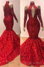 Charming Mermaid High Neck Red Long Sleeves Hollow Out Open Front Lace Prom Dresses 2026