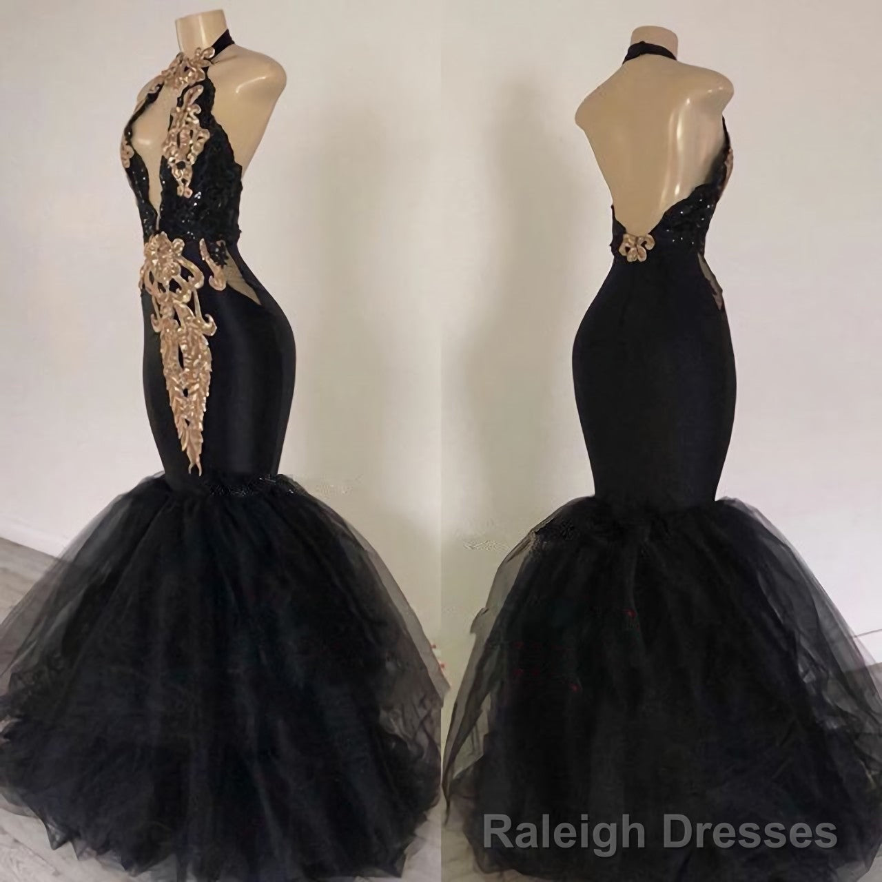 2025 Sexy Prom Dresses, Black Mermaid Tulle With Gold Appliques V Neck Backless Main image