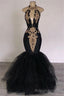 2026 Sexy Prom Dresses, Black Mermaid Tulle With Gold Appliques V Neck Backless