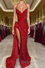 Halter Burgundy High Split Floor Length Prom Dresses