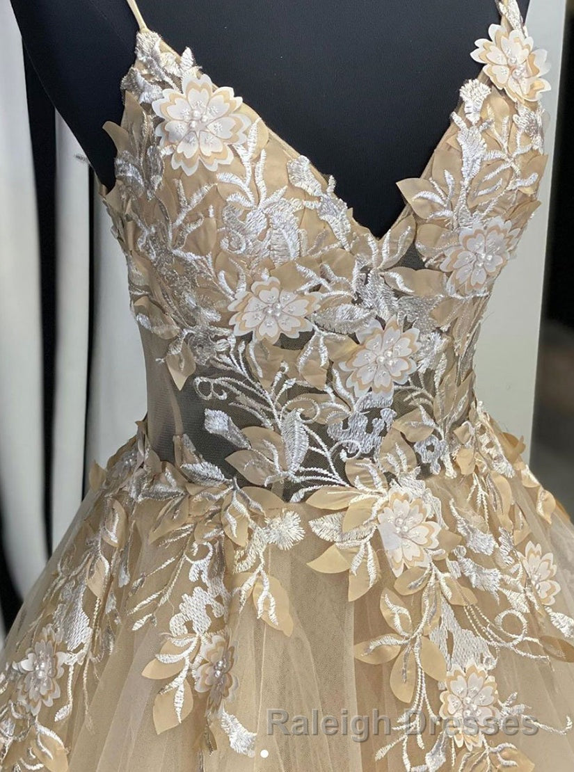 Champagne V Neck Tulle Lace Prom Dress Long Prom Dress