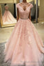 Pink Sleeveless V Neck Tulle Lace Applique Long Prom Dresses