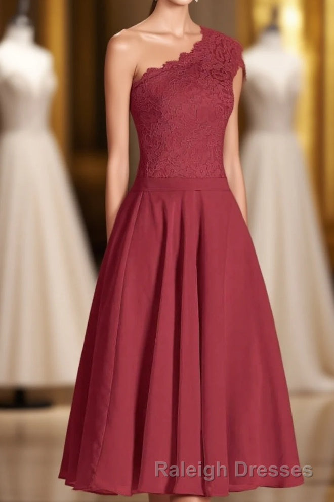 One-Shoulder Burgundy Lace A-Line Short Bridesmaid Dress