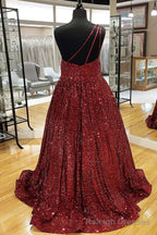 Wine Red Sequin One Shoulder Ball Gowns