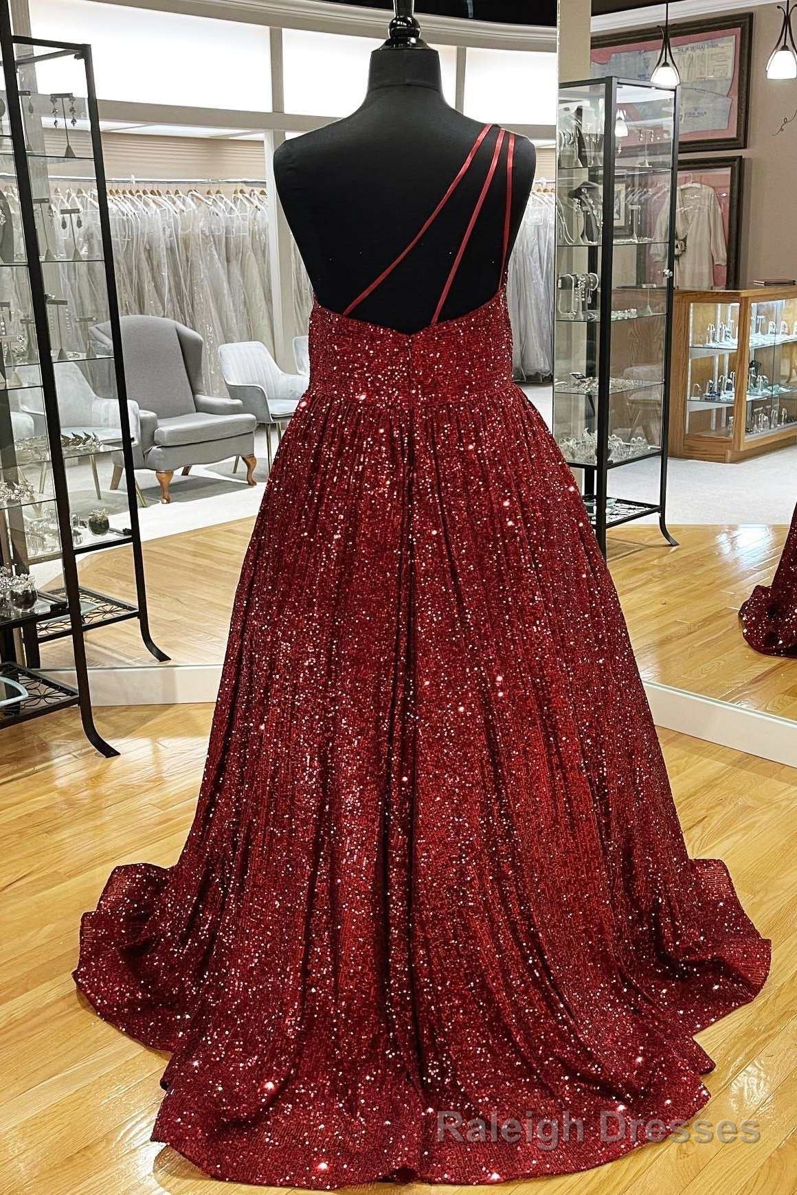 Wine Red Sequin One Shoulder Ball Gowns