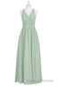Sage Green V Neck Backless A Line Bridesmaid Dresses