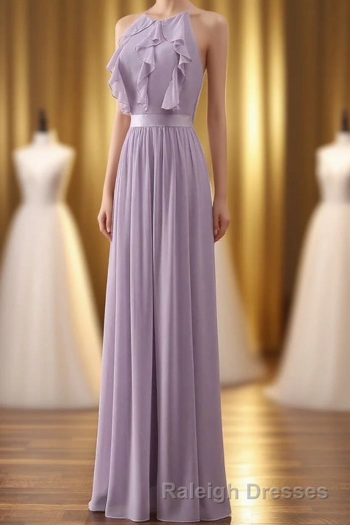 Lilac Halter Open Back Ruffled Long Bridesmaid Dress Main image