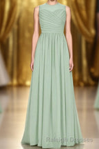 Sage Green Chiffon Sheer Neck A-Line Long Bridesmaid Dress