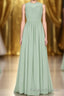 Sage Green Chiffon Sheer Neck A-Line Long Bridesmaid Dress