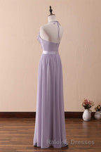 Lilac Halter Open Back Ruffled Long Bridesmaid Dress